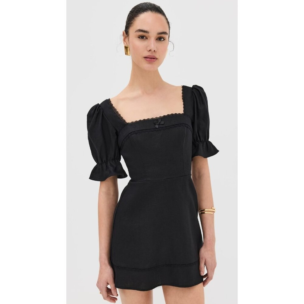 NWT Reformation Evianna in Black Linen Lace Trim Tie Back Mini Dress 10 $248